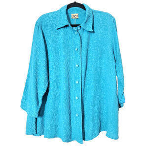 URU Womens Large Top Art To Wear Lagenlook 100% Silk Long Sleeve‎ Blue Buttons